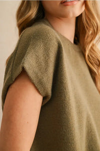 Olive green loose fit short sleeve v-neck sweater top