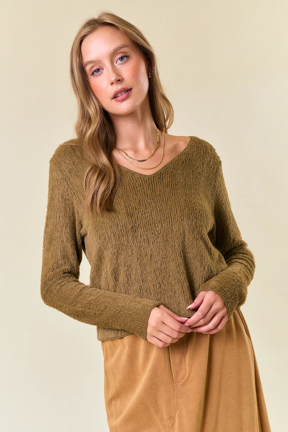 Olive green v-neck sweater in fuzzy knit, part of Women’s Boho Chic clothing collection