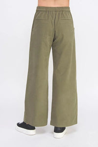 Olive green soft heavy twill wide pants with elastic waistband and back pockets