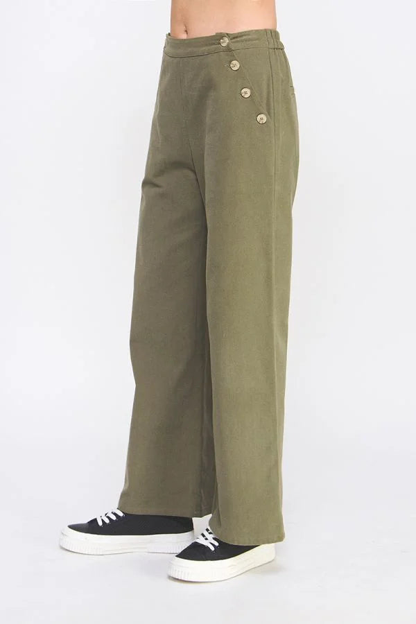 Olive green soft heavy twill wide-leg pants with side buttons from SOFT HEAVY TWILL WIDE PANTS