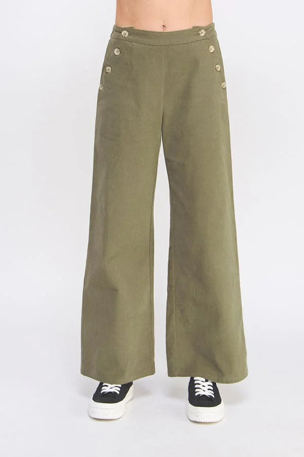 Olive green soft heavy twill wide-leg pants with decorative buttons on the hips