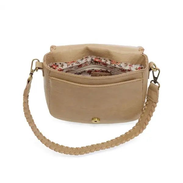 Open beige crossbody bag with shoulder strap in vegan leather, ANNIE WHIPSTITCH SADDLE