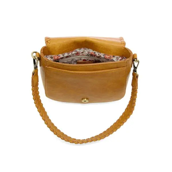 Open brown vegan leather shoulder bag, ANNIE Whipstitch Saddle Convertible Crossbody Bag