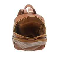 Open brown leather backpack showcasing logo zip pulls in FRANKIE SOFT LEATHER BACKPACK