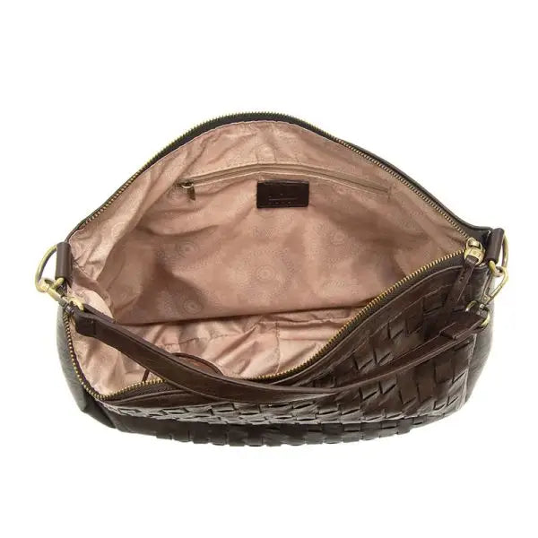 Open brown woven leather handbag KALI WOVEN SLOUCHY HOBO with a short shoulder strap