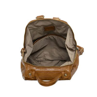 Open empty brown leather backpack with adjustable straps and padded pocket for MAGGIE MODERN BACKPACK