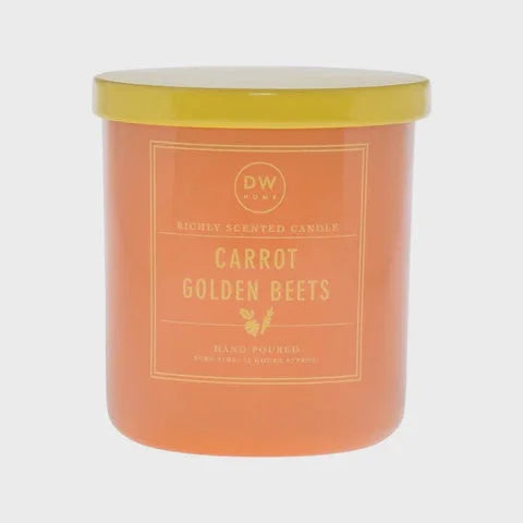 Orange Carrot Golden Beets Candle in a jar with yellow lid, perfect for boho decor