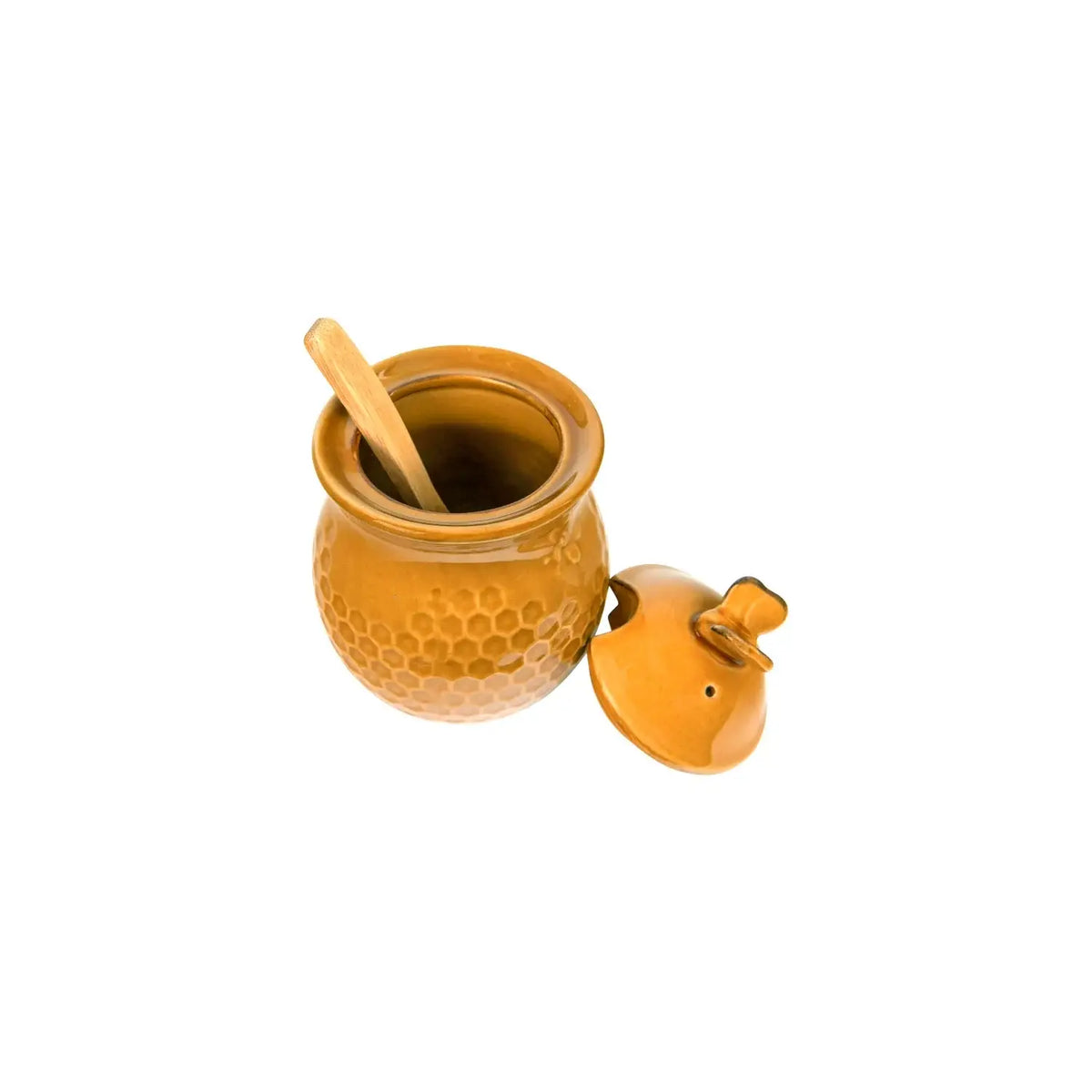 Orange ceramic honey jar with wooden dipper, perfect for women’s boho chic clothing