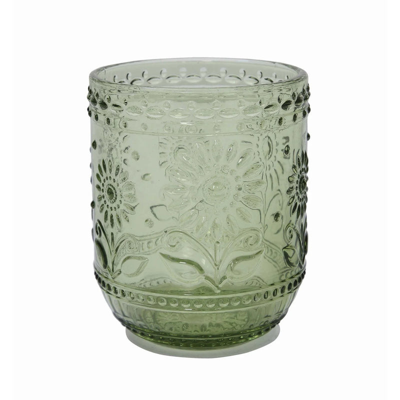 Ornate green embossed drinking glass featuring floral patterns for stylish serving