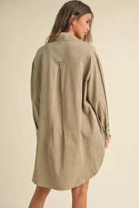 Oversized beige button-down shirt dress for women’s boho chic clothing at Shop Daisy