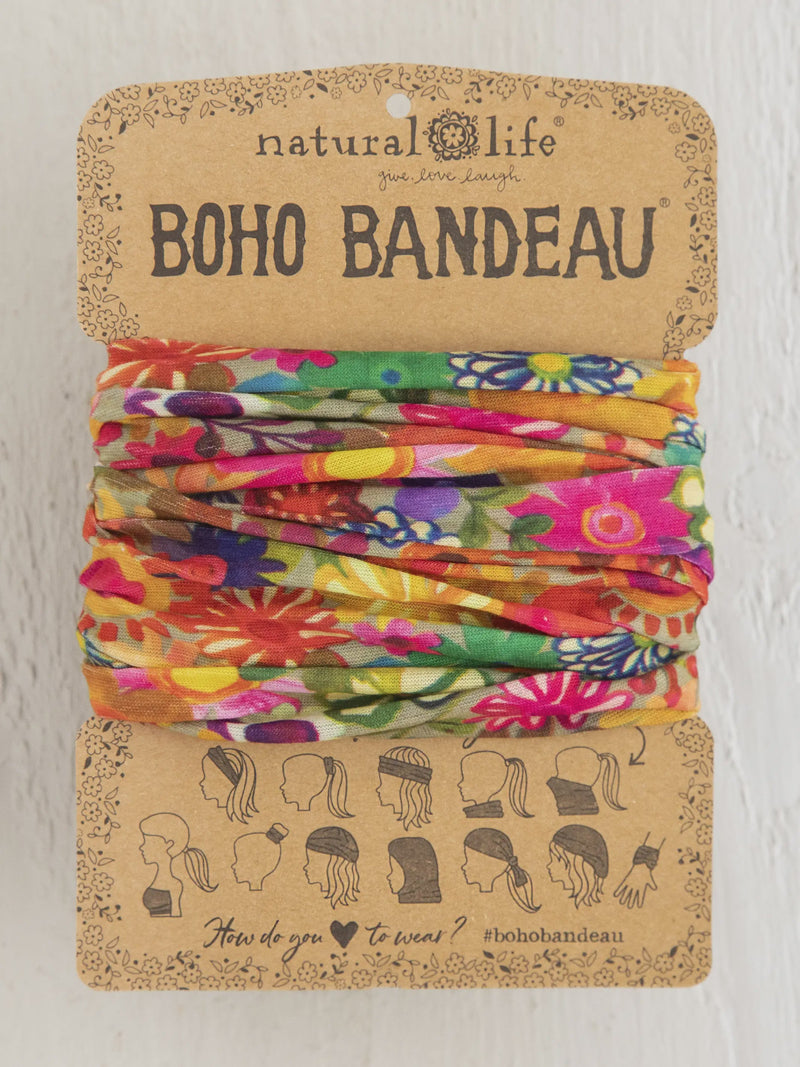 Colorful hair ties pack with tag on Full Boho Bandeau Headband - Floral Blue Cream