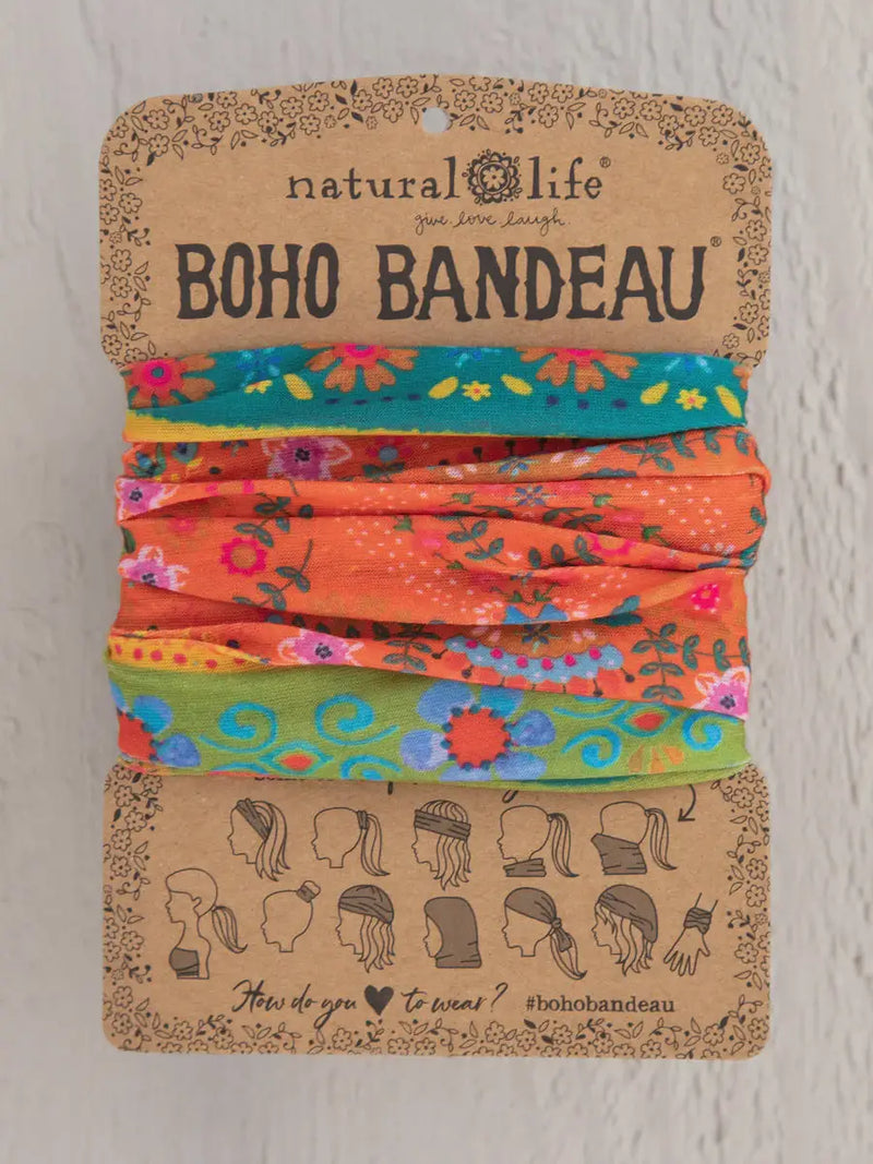 Colorful hair ties with a brown tag for the FULL BOHO BANDEAU HEADBAND