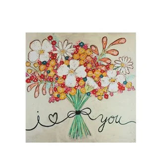 A vibrant floral canvas wall decor artwork featuring the phrase I love you