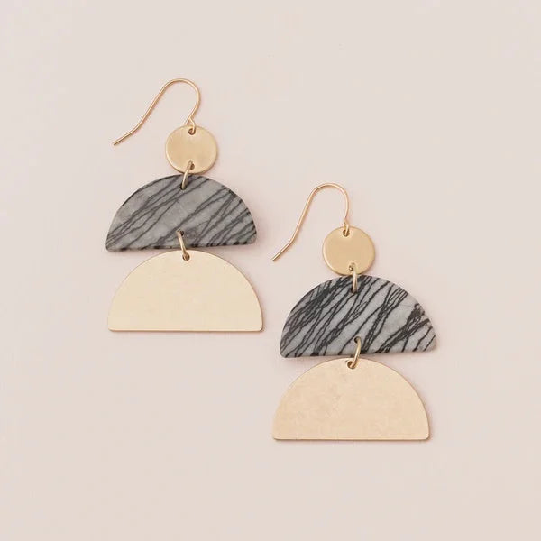 Pair of Stone Half Moon Earrings featuring marble-like and cream-colored segments