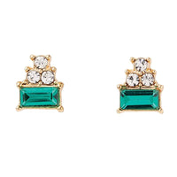 Gold Treasure Box Earrings with Emerald-Cut Green Gemstones and Clear Crystals