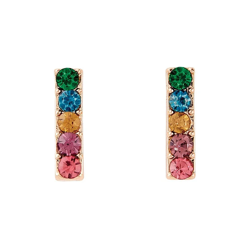 Pair of gold Treasure Box Earrings with vertical colorful gemstones for a vibrant look