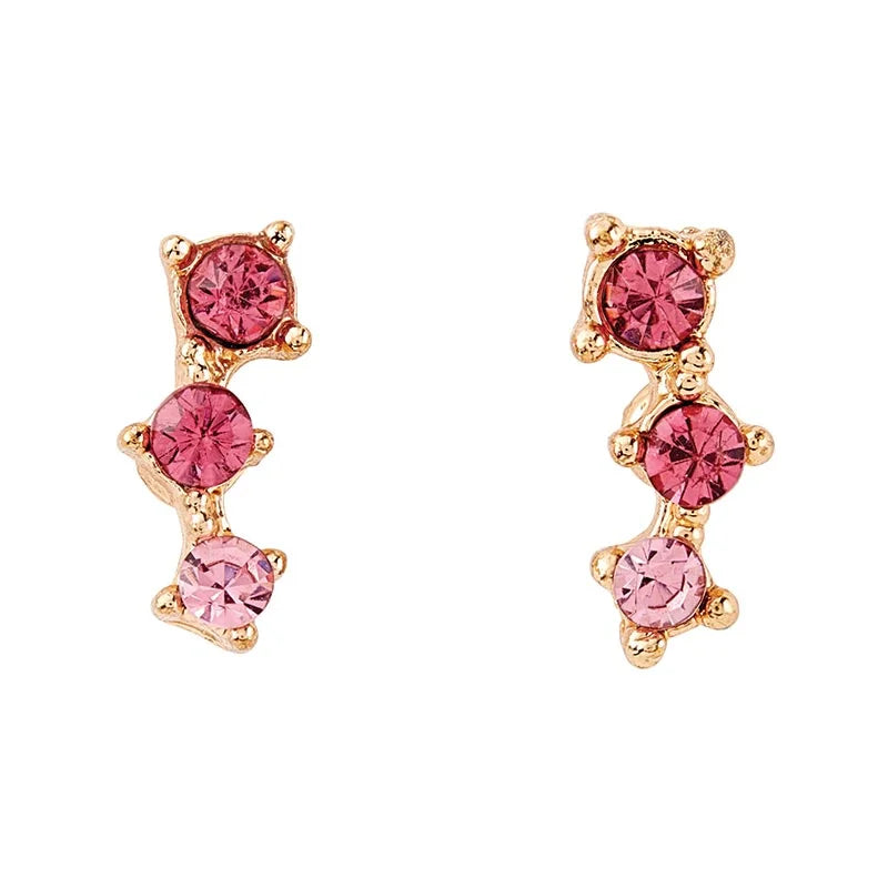 Pair of gold treasure box earrings with pink gemstones arranged vertically