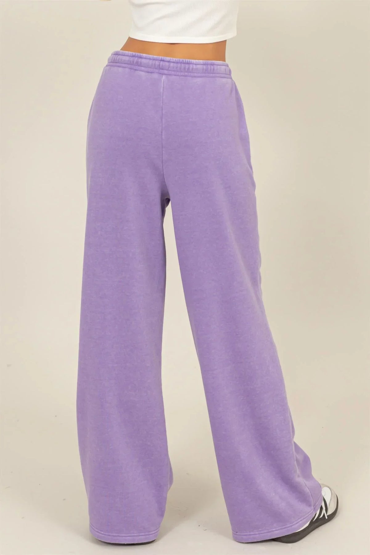 Pair of lavender wide-leg sweatpants from Shop Daisy for women’s boho chic clothing