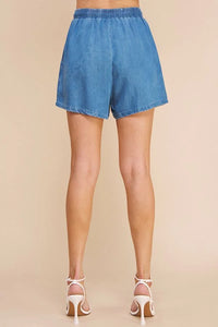 Light blue Washed Denim High Waisted Tie Shorts with elastic waistband for comfort