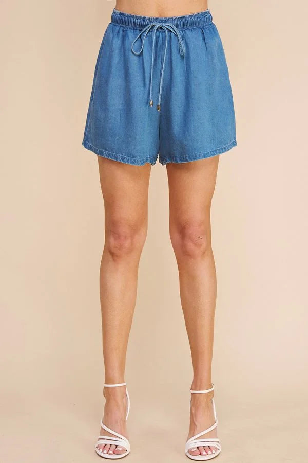 Light blue Washed Denim High Waisted Tie Shorts with drawstring waist detail