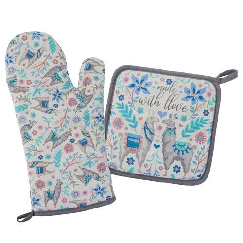 Floral-patterned Llama Oven Mitt and Pot Holder Set in bright kitchen decor