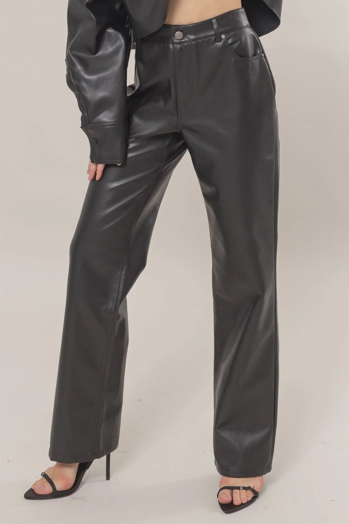 High-Waist Straight Leather Pants in dark gray, ideal for women’s boho chic clothing