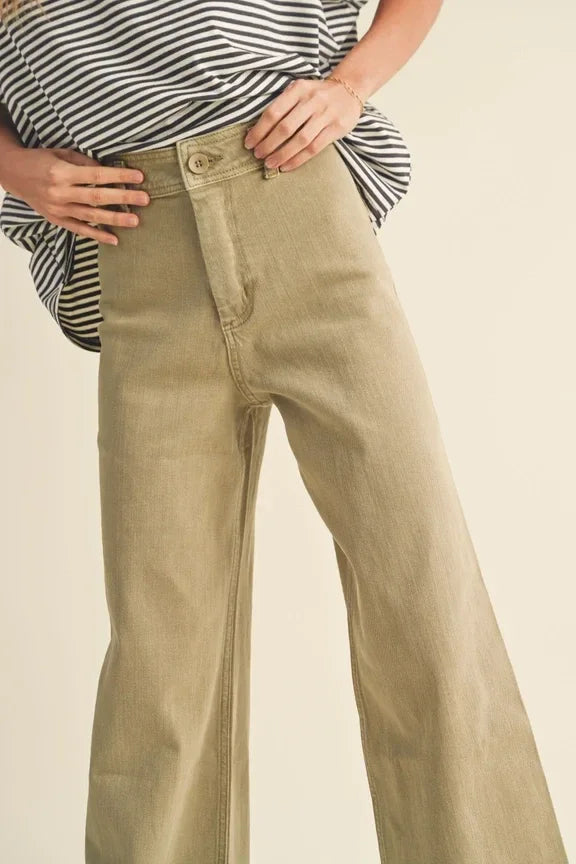 Pair of wide leg denim pants with a high waist in khaki for stylish comfort