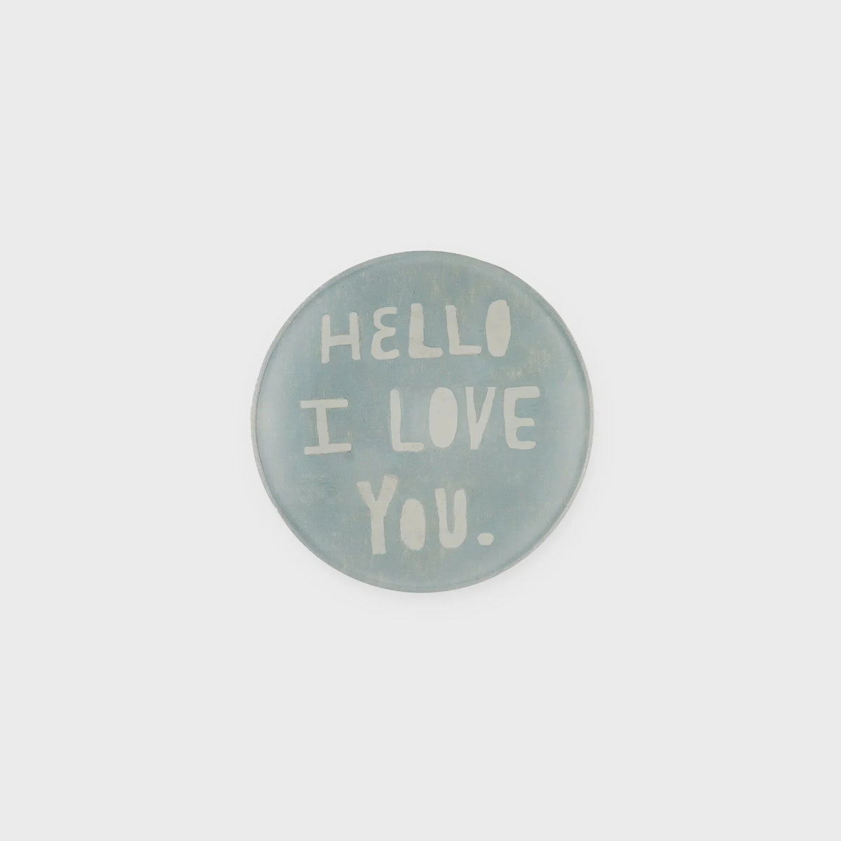 Pale blue mini round decoupage plate with hello I love you white text design