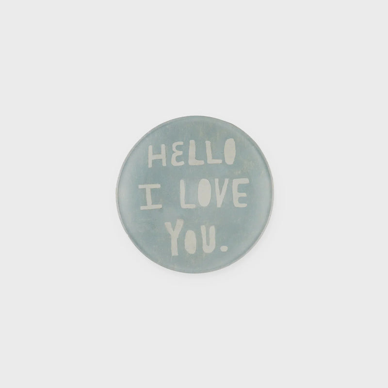 Pale blue mini round decoupage plate with hello I love you white text design