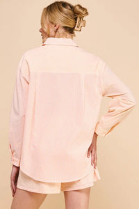 Pale pink Stripe Cotton Blend Button Up Collar Shirt worn by a person with blonde hair