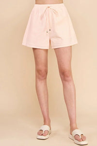 Pale pink Stripe Cotton Blend Adjustable Tie Shorts with a loose, comfortable fit