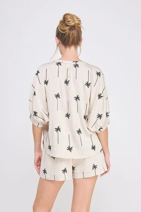 Palm tree patterned pajama set from Shop Daisy’s women’s boho chic clothing collection