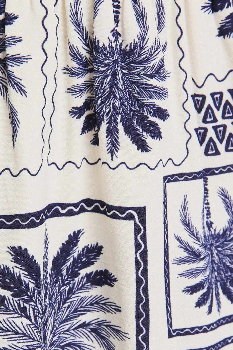 Palm tree patterned fabric featured in HALTER NECK ABSTRACT PRINT DRESS with an abstract print design