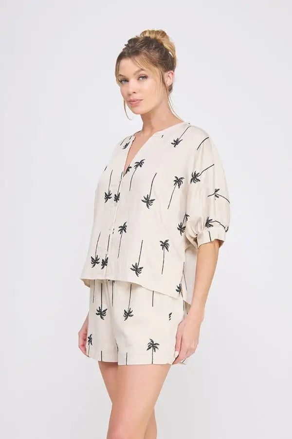 Palm tree print shorts and top set from shop Daisy in women’s boho chic clothing