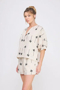 Palm tree print shorts and top set from shop Daisy in women’s boho chic clothing