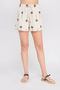 Palm tree embroidered lined shorts featuring vibrant embroidered lined design