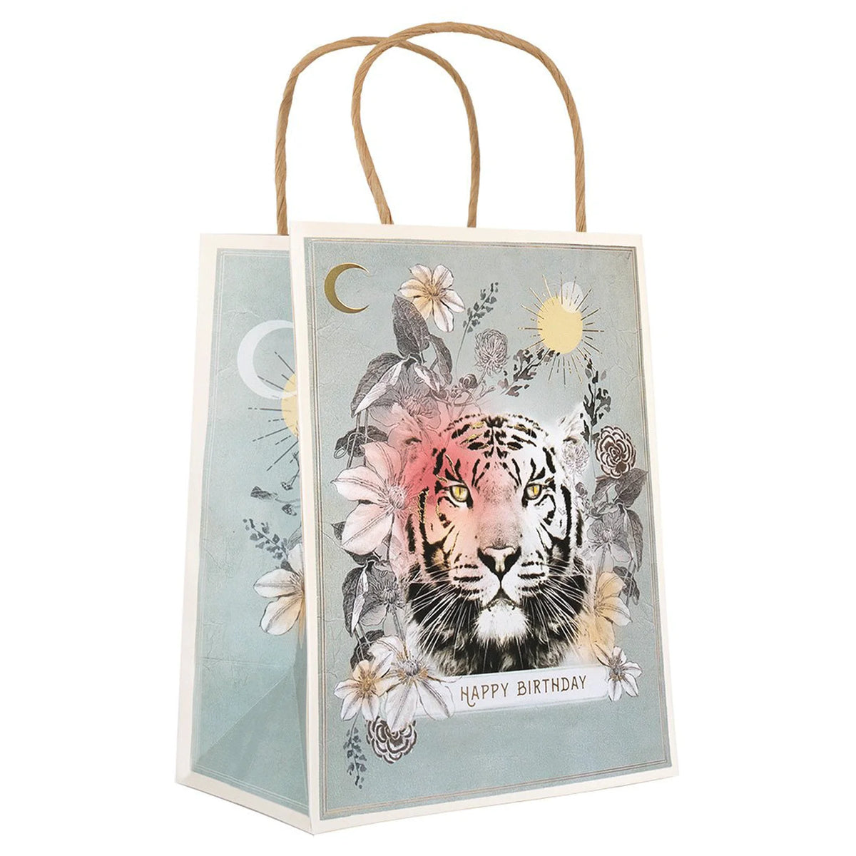 Happy Birthday Tiger gift bag featuring a vibrant tiger design with floral accents