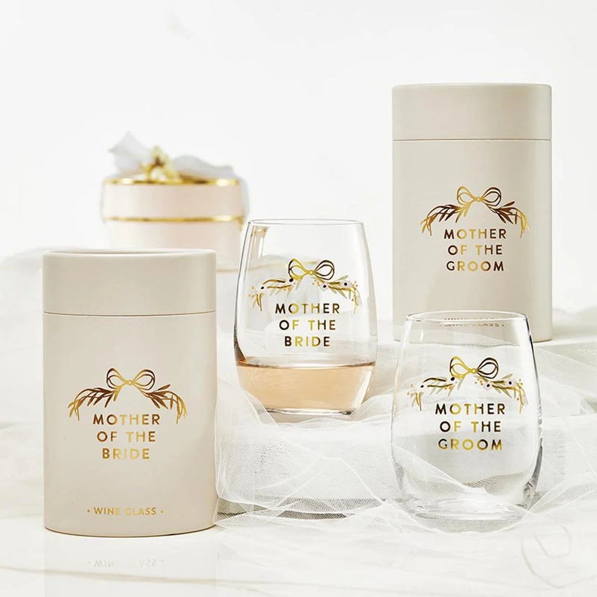 Elegant gold foil stemless wine glasses with wedding party wine containers for the Mother of the Bride