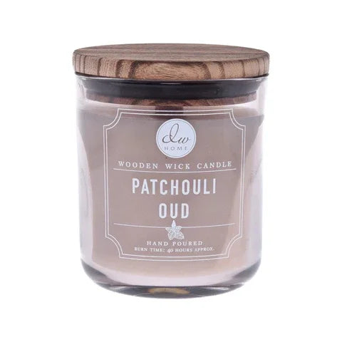 Patchouli Oud Wooden Wick Candle in glass jar with wooden lid, perfect for women’s boho chic clothing