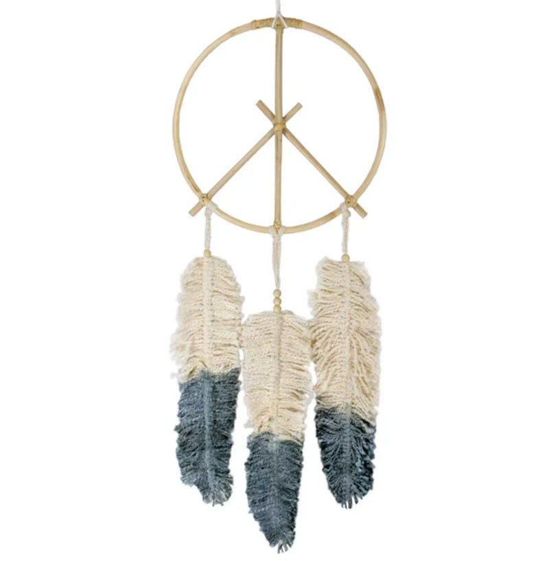 Peace sign dream catcher featuring cream and gray feathers on natural cane design