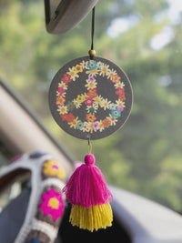 Boho Peace sign air freshener ornament with colorful flowers and flowy tassels