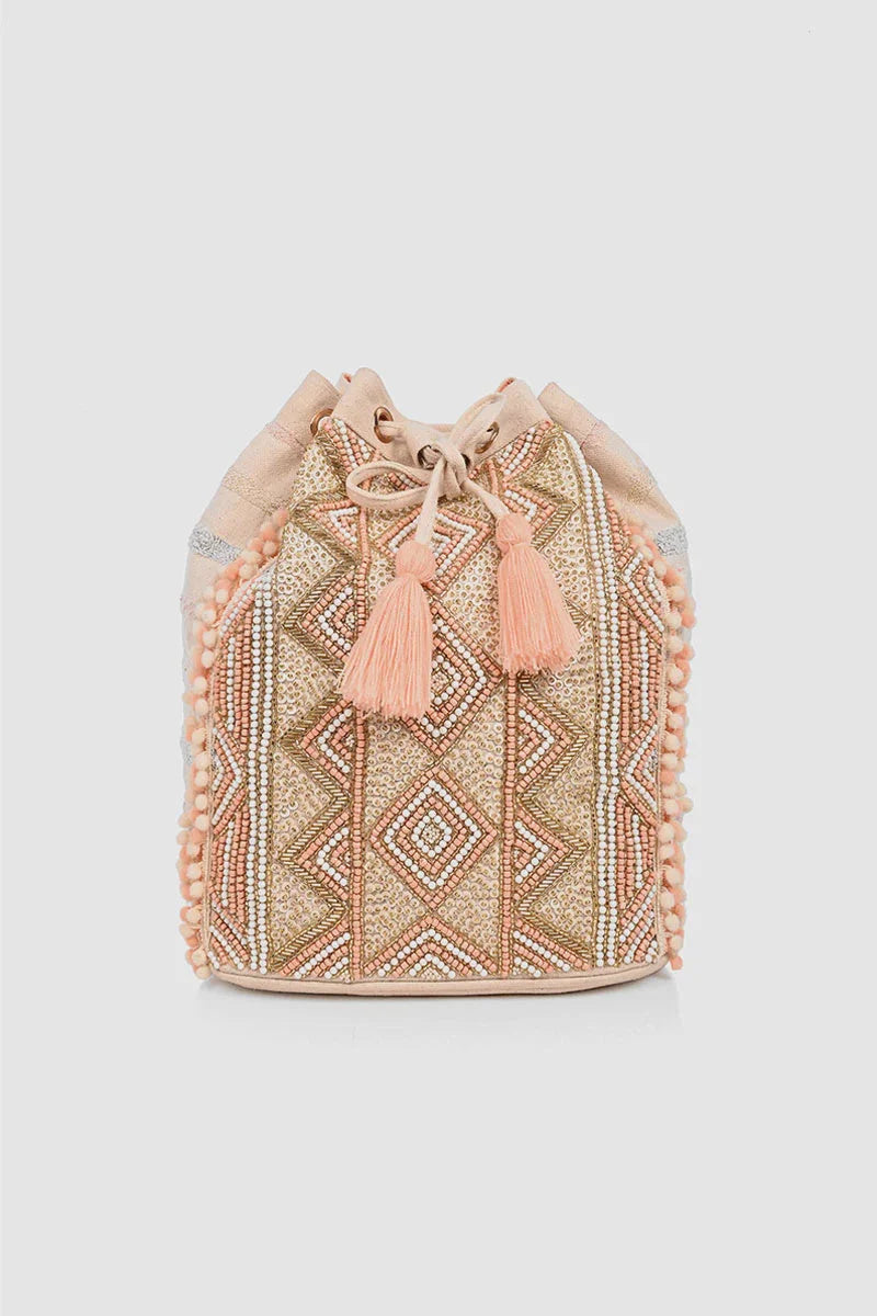 Peach handwoven beaded backpack with geometric patterns and tassels