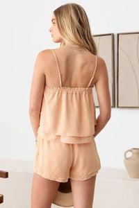 Peach sleeveless ruffle layer shorts pajama set for a boho free spirit look