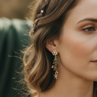 Whimsical Christmas charm dangle earrings with pearl and green gemstone floral drops