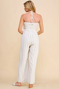 White Tie Ruched Lined Jumpsuit with Halter Neck Spaghetti Detail for a Chic Look