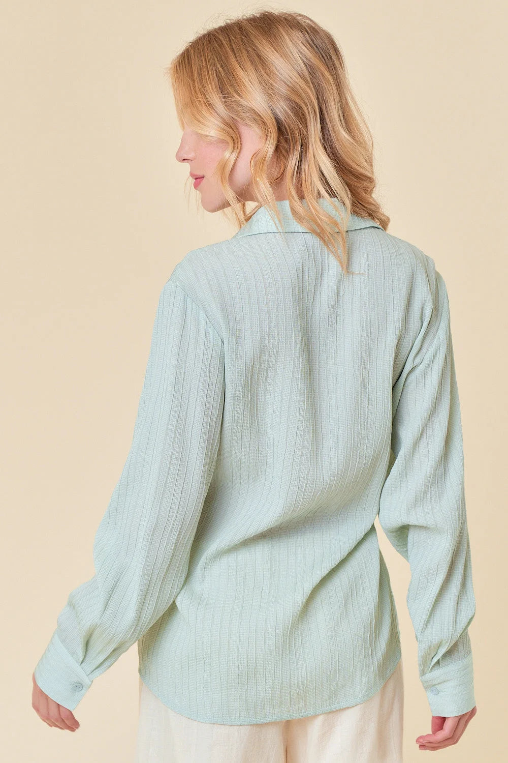 Person modeling the Textured Point Collar Wrap Top in a mint color