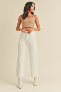 Person in white showcasing Nautical Wide Leg Denim in washed black color