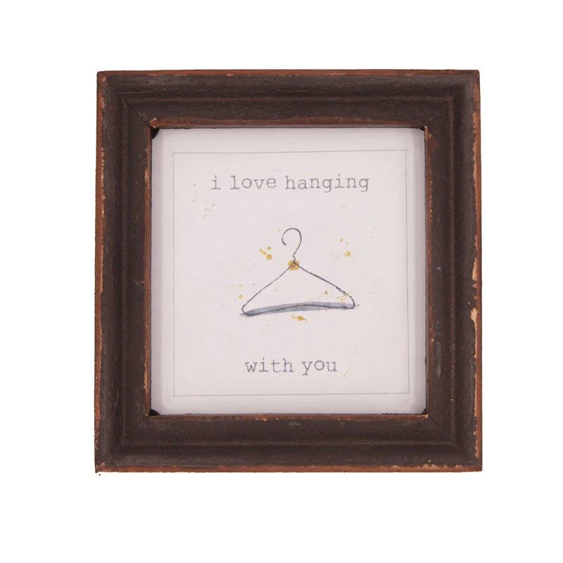 Wood framed decor showcasing a picture frame with a hanger and love hanging quote