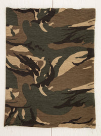 Olive fabric showcasing a woodland camouflage pattern for a Camo Boho Bandeau