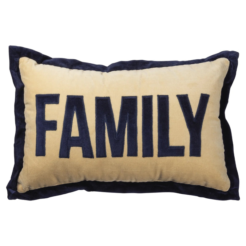 BLOCK LETTER FAMILY THROW PILLOW featuring the word family in bold letters